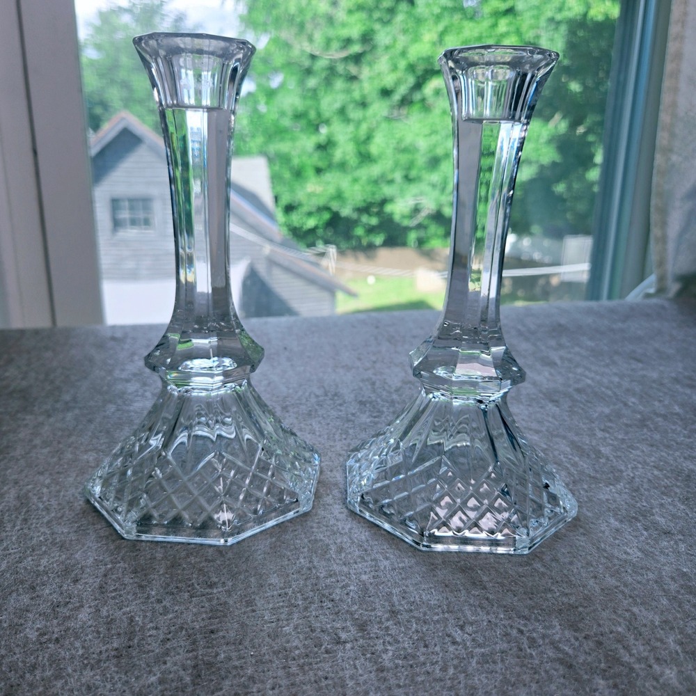 Vtg Clear Crystal Glass Candlestick Holders Set of 2 Diamond Cut Hexagon 7.5"